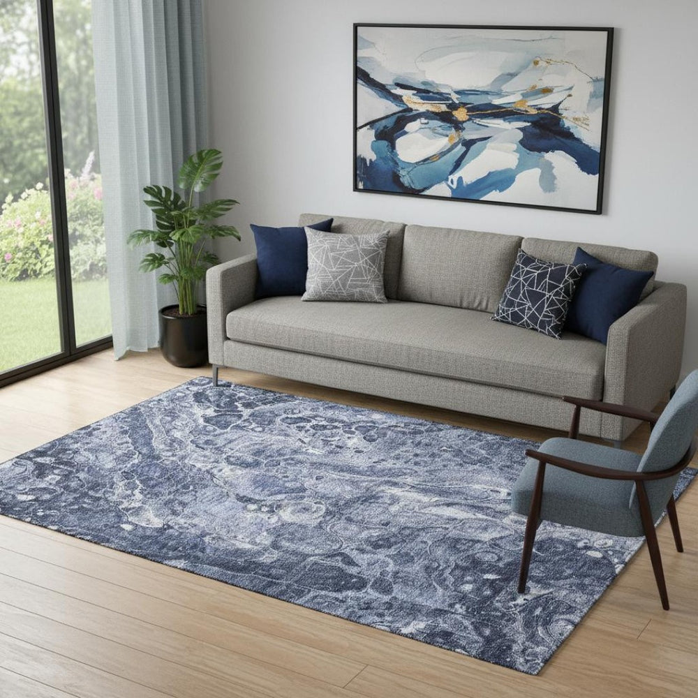 HomeRoots 5' Navy Blue & Ivory Abstract Area Rug – Washable, UV Protected, Durable for Homes with Kids & Pets 655495