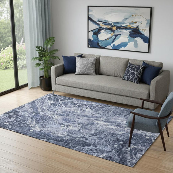 HomeRoots 5' Navy Blue & Ivory Abstract Area Rug – Washable, UV Protected, Durable for Homes with Kids & Pets 655495