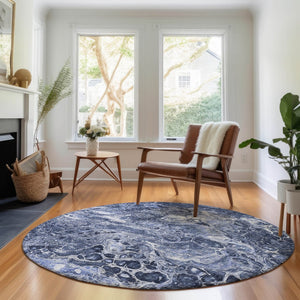 HomeRoots 8' Navy Blue and Ivory Abstract Round Rug - Washable, UV Protected, and Perfect for Busy Homes! 655496