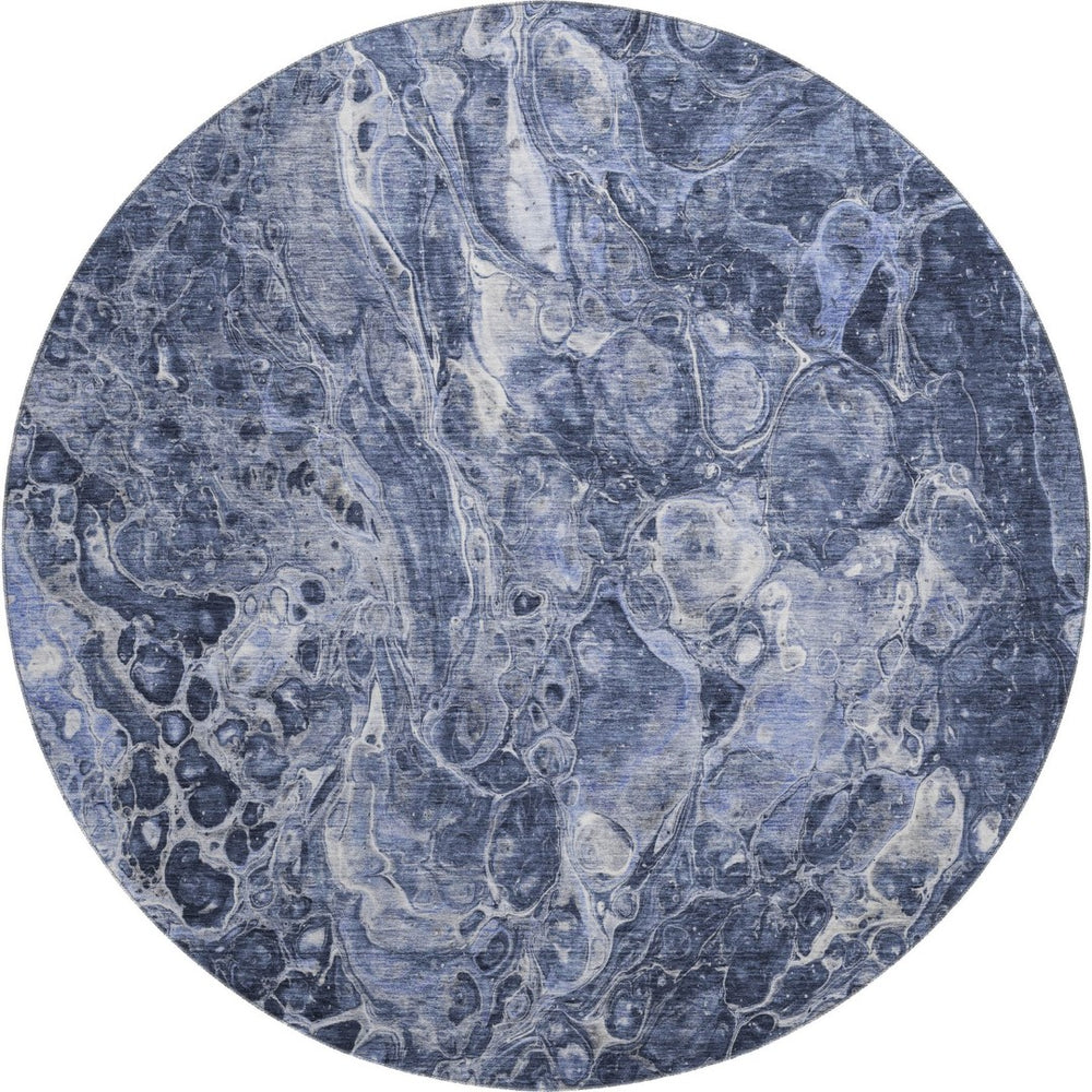 HomeRoots 8' Navy Blue and Ivory Abstract Round Rug - Washable, UV Protected, and Perfect for Busy Homes! 655496