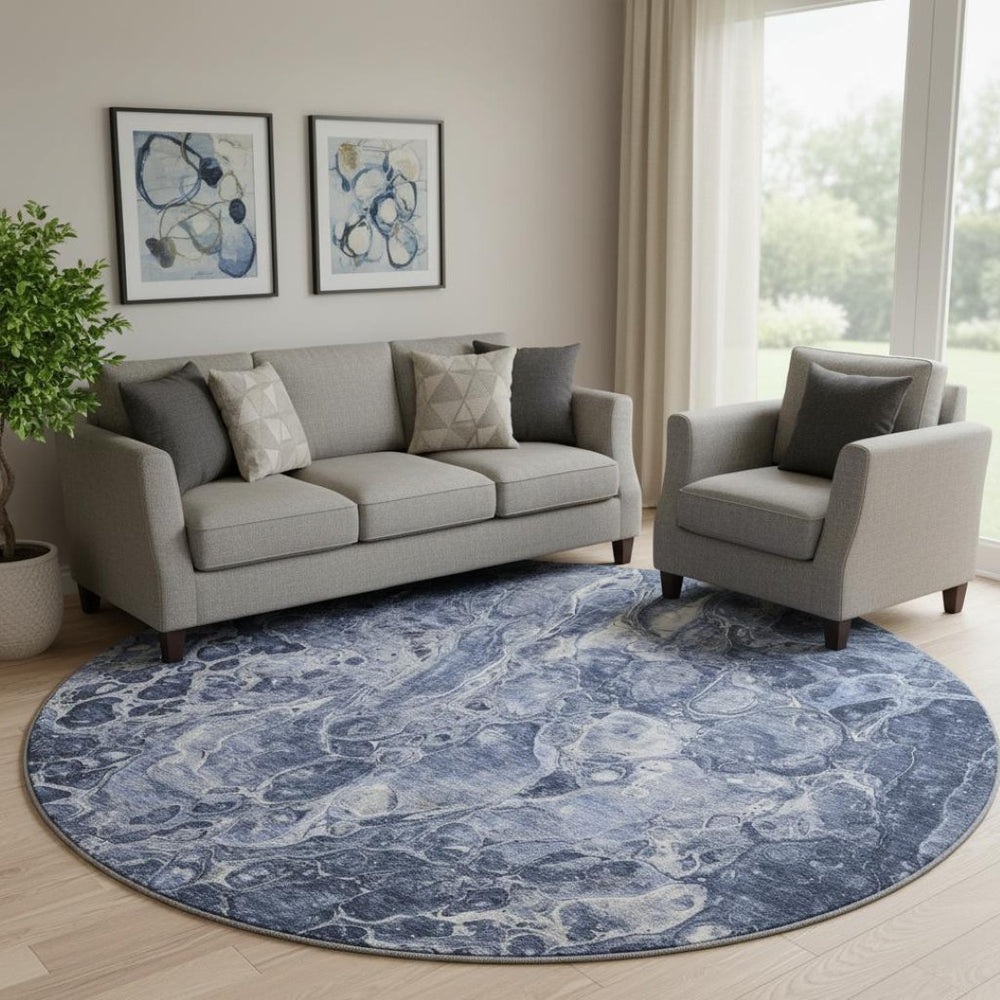 HomeRoots 8' Navy Blue and Ivory Abstract Round Rug - Washable, UV Protected, and Perfect for Busy Homes! 655496