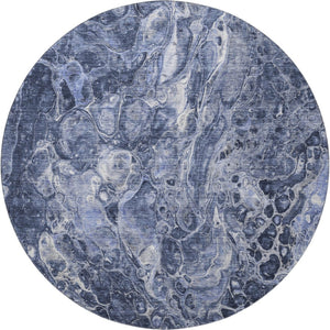 HomeRoots 8' Navy Blue and Ivory Abstract Round Rug - Washable, UV Protected, and Perfect for Busy Homes! 655496