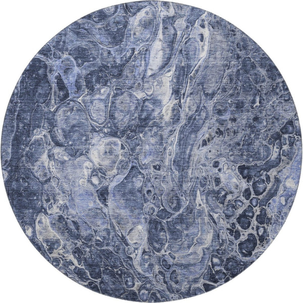 HomeRoots 8' Navy Blue and Ivory Abstract Round Rug - Washable, UV Protected, and Perfect for Busy Homes! 655496