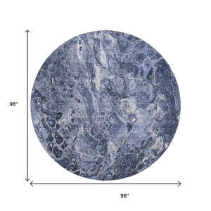 HomeRoots 8' Navy Blue and Ivory Abstract Round Rug - Washable, UV Protected, and Perfect for Busy Homes! 655496