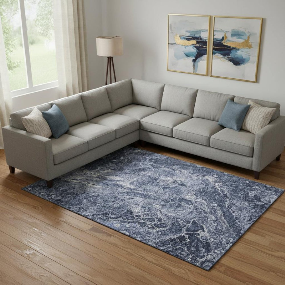 HomeRoots 8' X 10' Abstract Navy Blue & Ivory Washable Area Rug with UV Protection for Stylish Living Spaces 655497