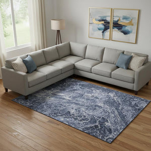HomeRoots 8' X 10' Abstract Navy Blue & Ivory Washable Area Rug with UV Protection for Stylish Living Spaces 655497