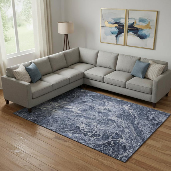 HomeRoots 8' X 10' Abstract Navy Blue & Ivory Washable Area Rug with UV Protection for Stylish Living Spaces 655497