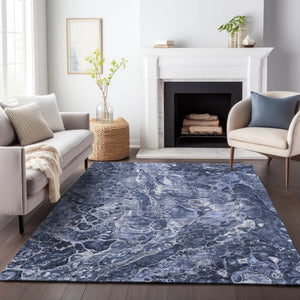 HomeRoots 9' X 12' Navy Blue and Ivory Abstract Area Rug - Washable, Stain-Resistant, UV Protected for Durability 655498