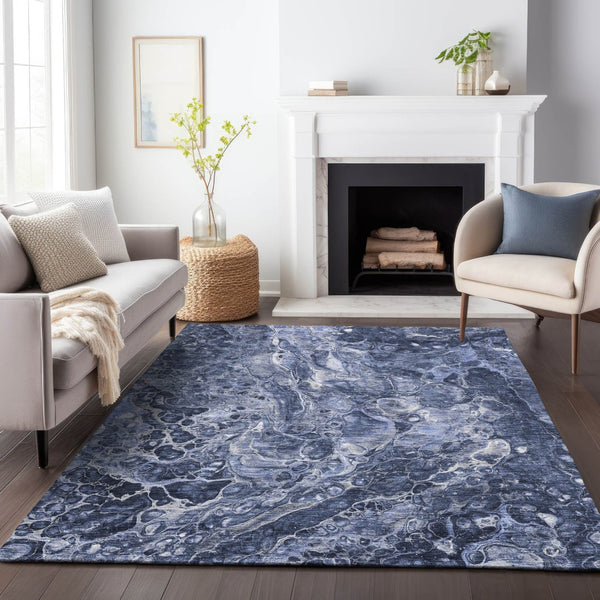 HomeRoots 9' X 12' Navy Blue and Ivory Abstract Area Rug - Washable, Stain-Resistant, UV Protected for Durability 655498