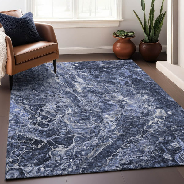 HomeRoots 9' X 12' Navy Blue and Ivory Abstract Area Rug - Washable, Stain-Resistant, UV Protected for Durability 655498