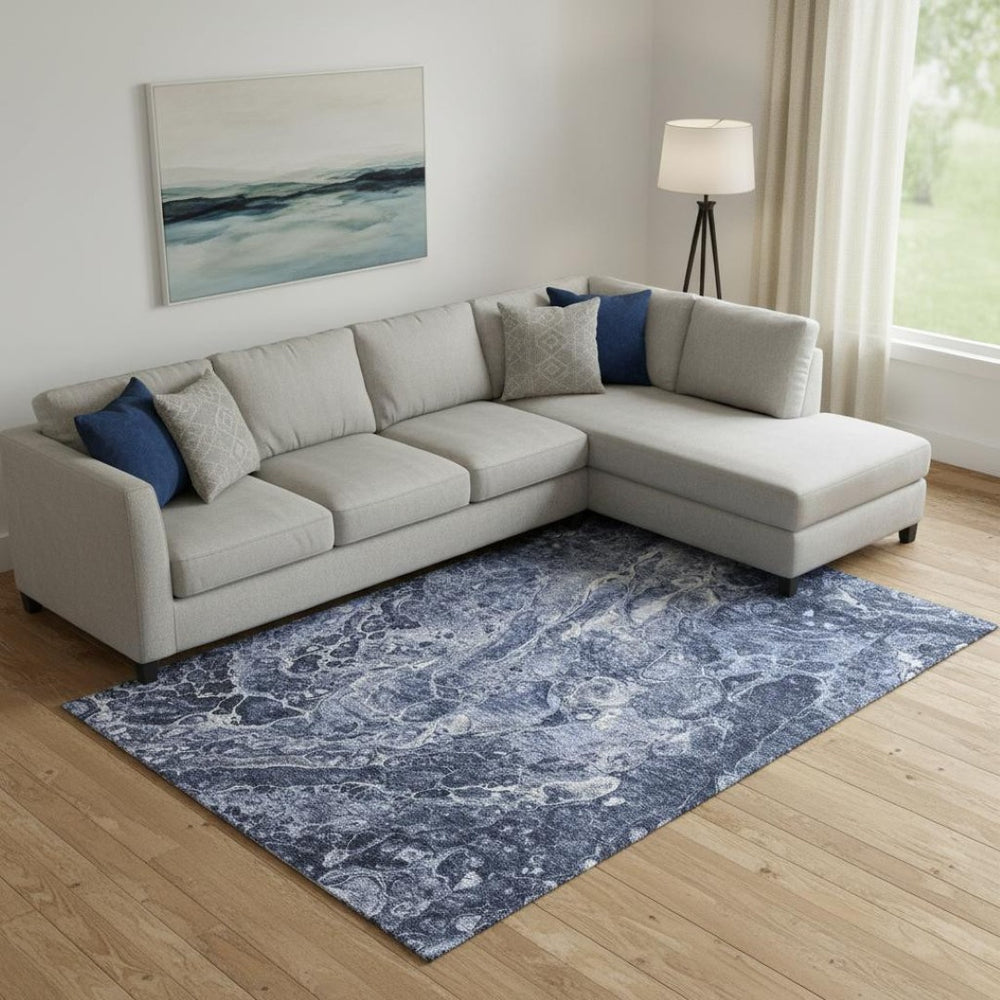 HomeRoots 10' X 14' Navy Blue & Ivory Abstract Area Rug - UV Protected, Washable, Soft, Durable & Stylish! 655499