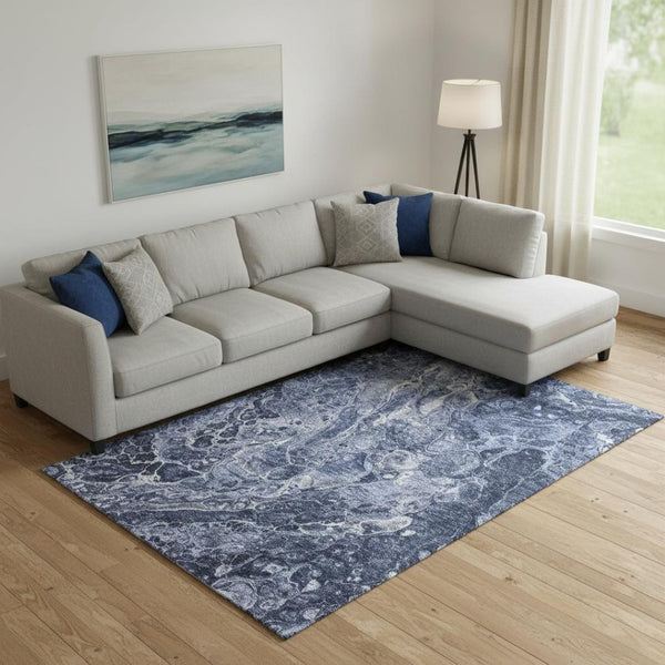 HomeRoots 10' X 14' Navy Blue & Ivory Abstract Area Rug - UV Protected, Washable, Soft, Durable & Stylish! 655499