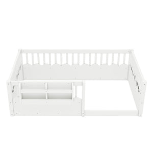 English Elm Twin Low Profile Kids Floor Bed Pine Wood Frame with Safety Rail and Built in Bookshelf White W1580P373134