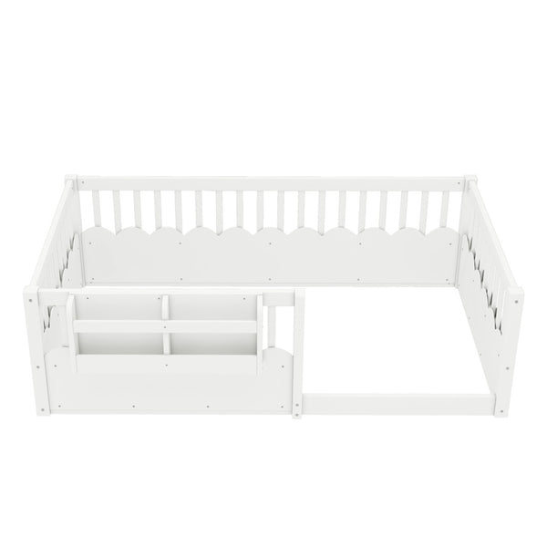 English Elm Twin Low Profile Kids Floor Bed Pine Wood Frame with Safety Rail and Built in Bookshelf White W1580P373134