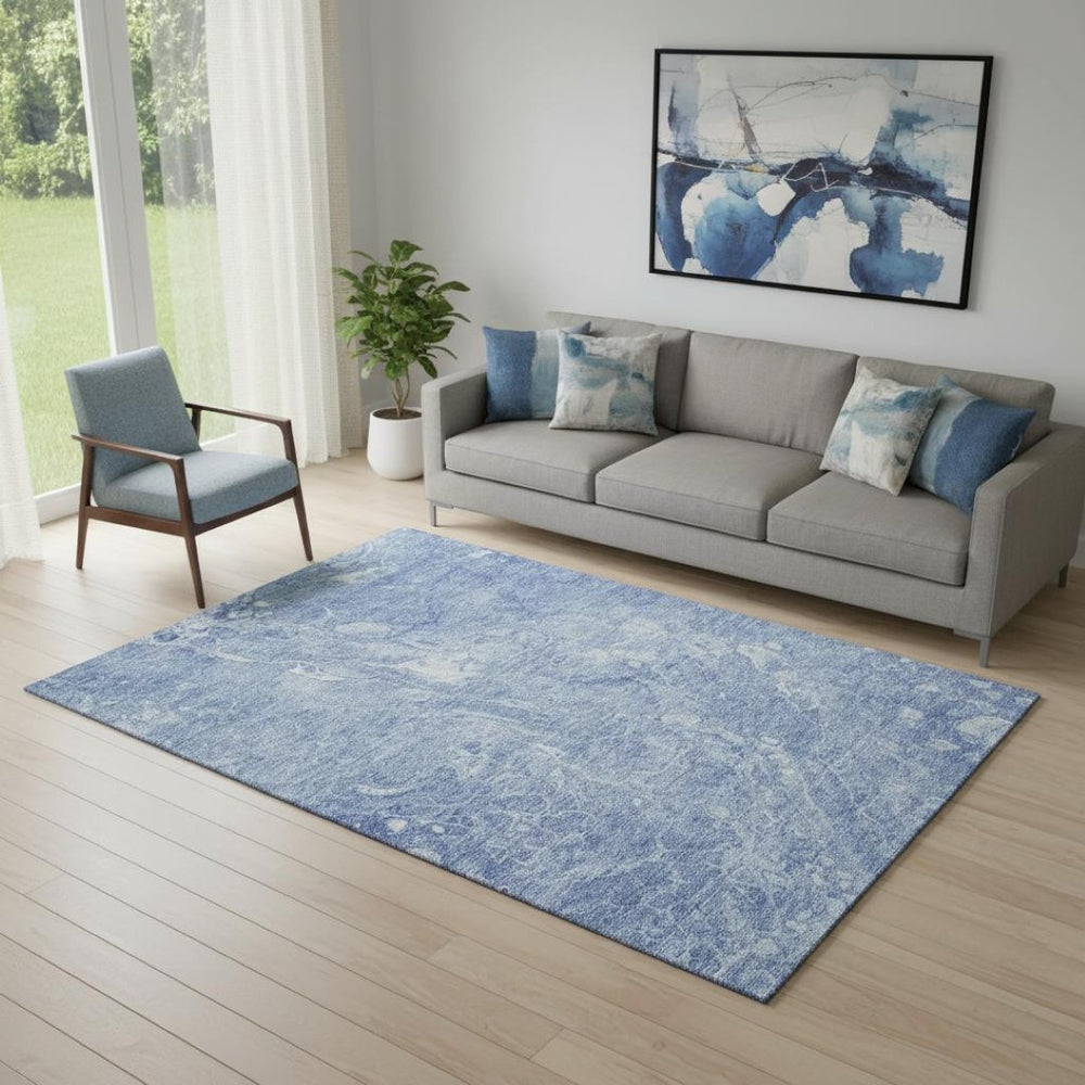 HomeRoots 5' Sky Blue & Ivory Abstract Area Rug – Washable, UV Protected, Soft & Durable for Busy Homes 655501