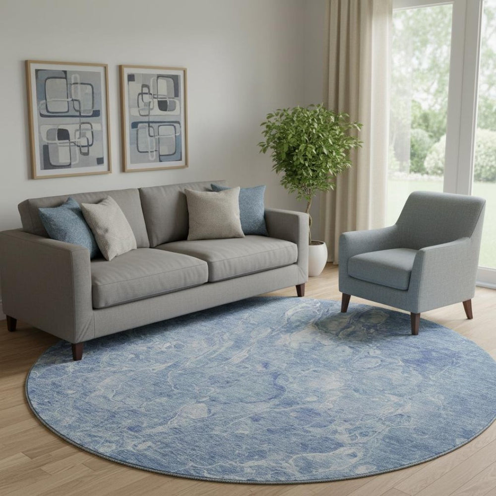 HomeRoots 8' Sky Blue & Ivory Abstract Washable Round Rug - UV Protected, Soft, Durable & Family-Friendly Design 655502