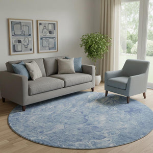 HomeRoots 8' Sky Blue & Ivory Abstract Washable Round Rug - UV Protected, Soft, Durable & Family-Friendly Design 655502