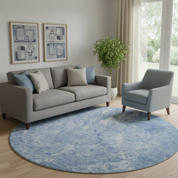 HomeRoots 8' Sky Blue & Ivory Abstract Washable Round Rug - UV Protected, Soft, Durable & Family-Friendly Design 655502