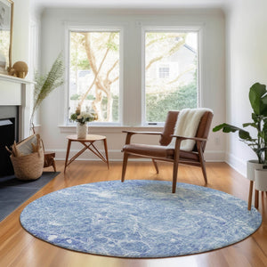 HomeRoots 8' Sky Blue & Ivory Abstract Washable Round Rug - UV Protected, Soft, Durable & Family-Friendly Design 655502