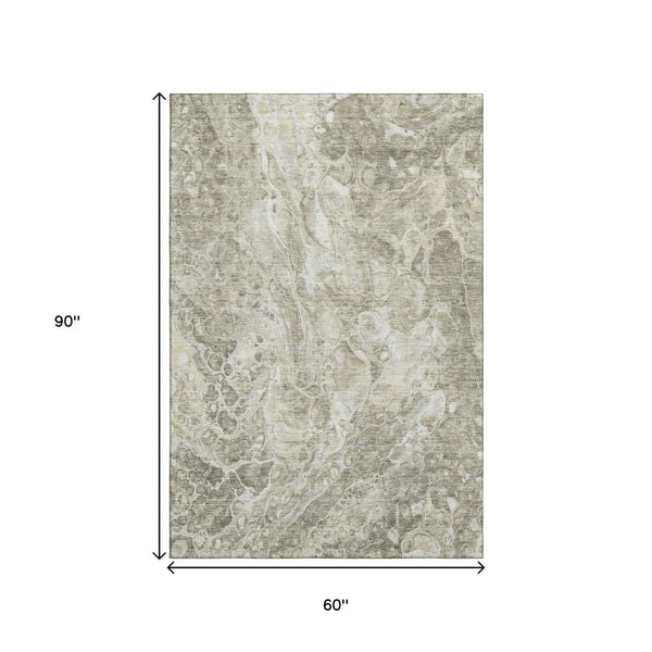 HomeRoots 5' X 8' Tan and Ivory Abstract Washable Area Rug - Durable, Stylish, Stain-Resistant with UV Protection 655507