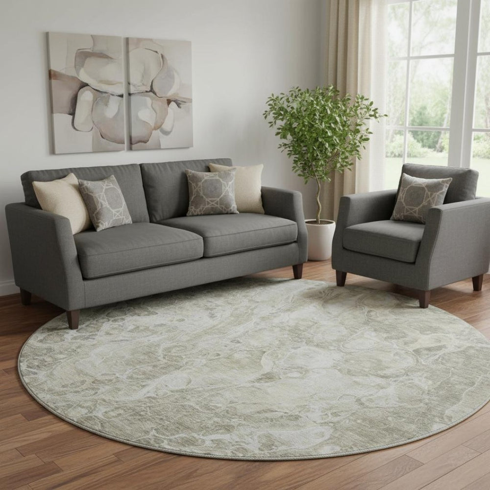HomeRoots 8' Tan and Ivory Abstract Round Rug - Washable, UV Protected, Durable Design for Active Homes 655508