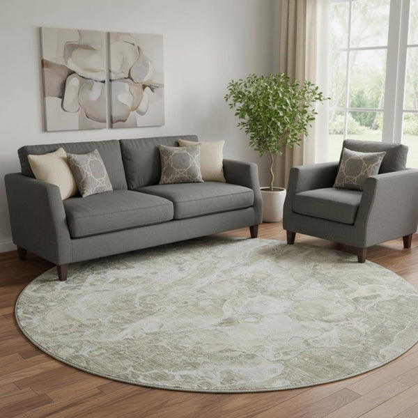 HomeRoots 8' Tan and Ivory Abstract Round Rug - Washable, UV Protected, Durable Design for Active Homes 655508