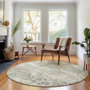 HomeRoots 8' Tan and Ivory Abstract Round Rug - Washable, UV Protected, Durable Design for Active Homes 655508