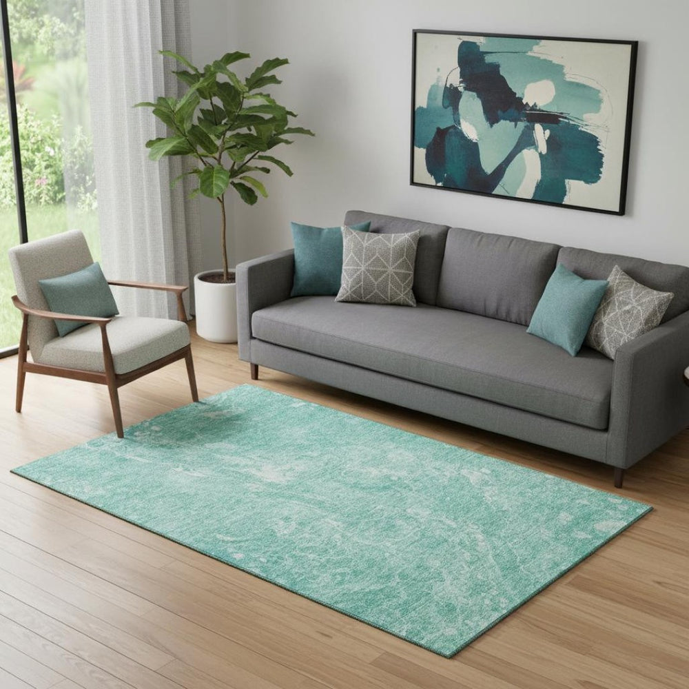 HomeRoots 5' Teal and Ivory Abstract Area Rug – Washable, UV-Protected, Durable for High-Traffic Spaces! 655513