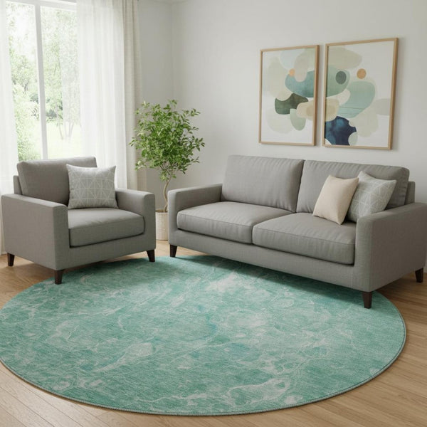 HomeRoots 8' Teal And Ivory Abstract Round Rug – Stylish, Durable, Washable with UV Protection for Any Room! 655514