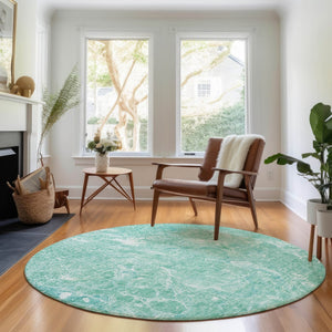 HomeRoots 8' Teal And Ivory Abstract Round Rug – Stylish, Durable, Washable with UV Protection for Any Room! 655514