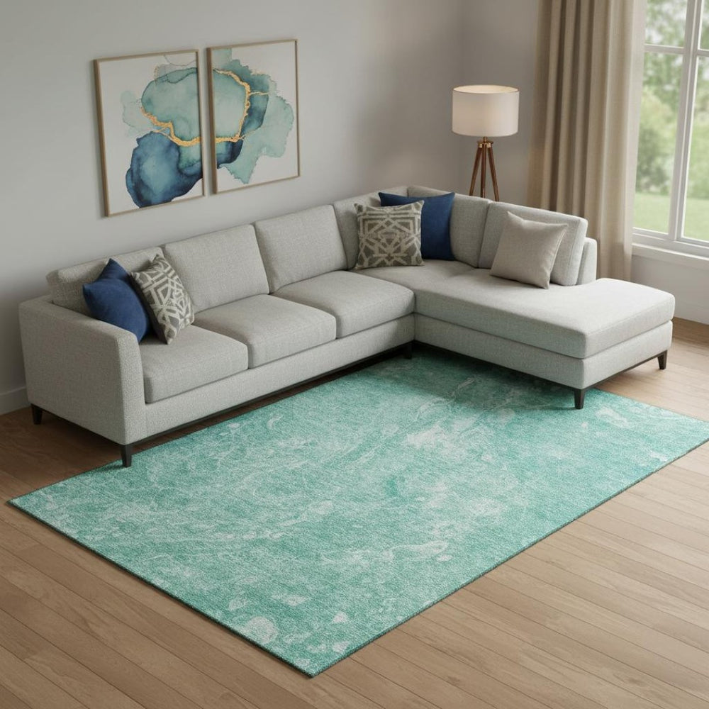 HomeRoots 8' X 10' Teal & Ivory Abstract Area Rug - Washable, UV Protected, Contemporary Design for Homes 655515