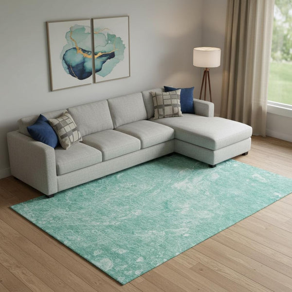 HomeRoots 10' Teal and Ivory Abstract Area Rug - Washable, UV Protected, Stain Resistant for High-Traffic Spaces 655517