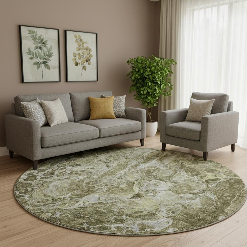 HomeRoots 8' Taupe And Ivory Abstract Washable Round Rug - Durable, UV Protected, Perfect for Modern Homes 655520
