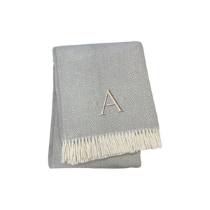 HomeRoots 55" Gray and White Herringbone Cotton Blend Throw Blanket with Personalized Initial and Tassels A 655524