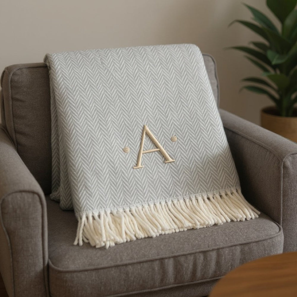 HomeRoots 55" Gray and White Herringbone Cotton Blend Throw Blanket with Personalized Initial and Tassels A 655524