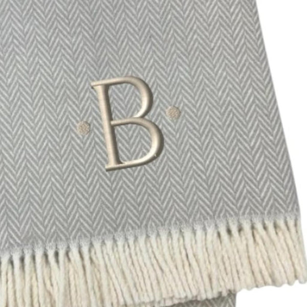 HomeRoots 55" Gray and White Herringbone Cotton Blend Throw Blanket with Personalized Initial and Tassels B 655525