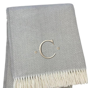 HomeRoots 55" Gray and White Herringbone Cotton Blend Throw Blanket with Personalized Initial and Tassels C 655526