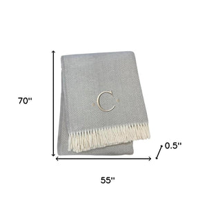 HomeRoots 55" Gray and White Herringbone Cotton Blend Throw Blanket with Personalized Initial and Tassels C 655526