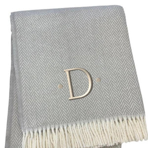 HomeRoots 55" Gray and White Herringbone Cotton Blend Throw Blanket with Personalized Initial and Tassels D 655527