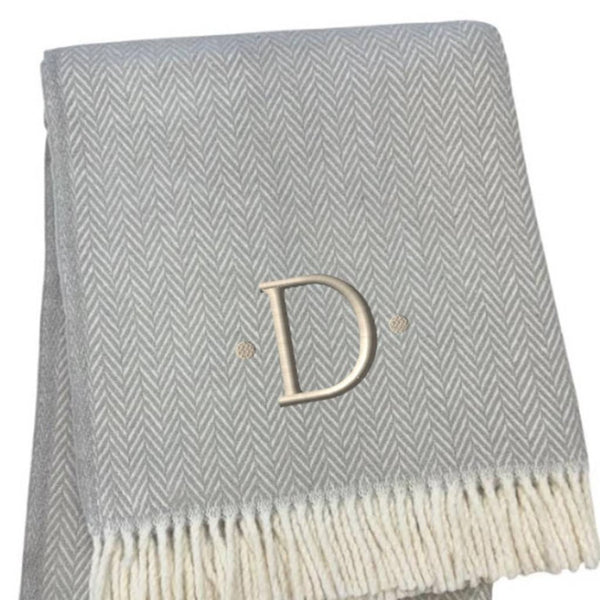 HomeRoots 55" Gray and White Herringbone Cotton Blend Throw Blanket with Personalized Initial and Tassels D 655527