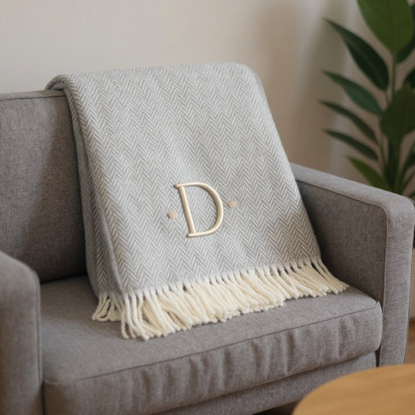 HomeRoots 55" Gray and White Herringbone Cotton Blend Throw Blanket with Personalized Initial and Tassels D 655527
