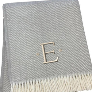 HomeRoots 55" Gray and White Herringbone Cotton Blend Throw Blanket with Personalized Initial and Tassels E 655528
