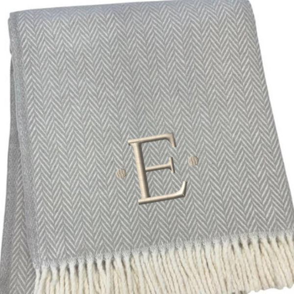 HomeRoots 55" Gray and White Herringbone Cotton Blend Throw Blanket with Personalized Initial and Tassels E 655528