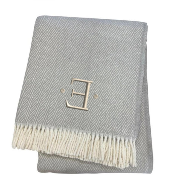 HomeRoots 55" Gray and White Herringbone Cotton Blend Throw Blanket with Personalized Initial and Tassels E 655528