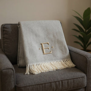 HomeRoots 55" Gray and White Herringbone Cotton Blend Throw Blanket with Personalized Initial and Tassels E 655528