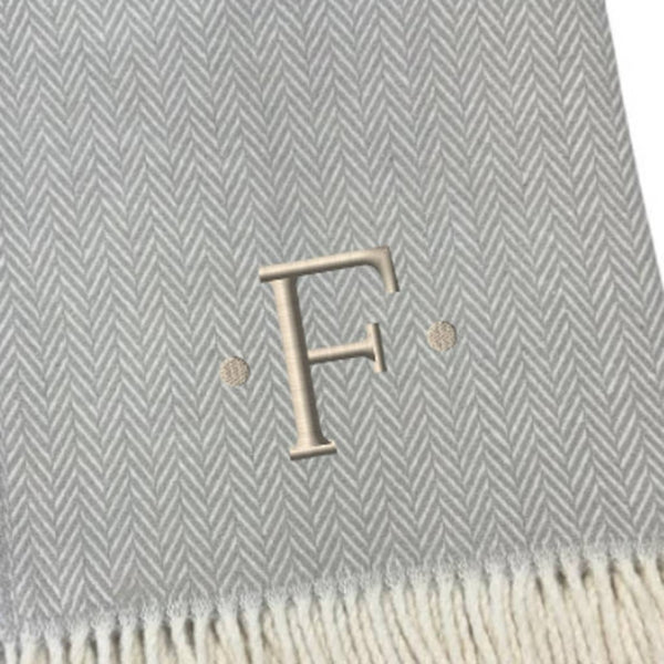 HomeRoots 55" Gray and White Herringbone Cotton Blend Throw Blanket with Personalized Initial and Tassels F 655529