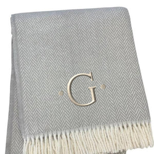 HomeRoots 55" Gray and White Herringbone Cotton Blend Throw Blanket with Personalized Initial and Tassels G 655530