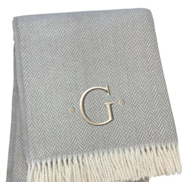 HomeRoots 55" Gray and White Herringbone Cotton Blend Throw Blanket with Personalized Initial and Tassels G 655530