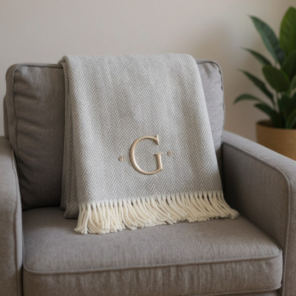 HomeRoots 55" Gray and White Herringbone Cotton Blend Throw Blanket with Personalized Initial and Tassels G 655530