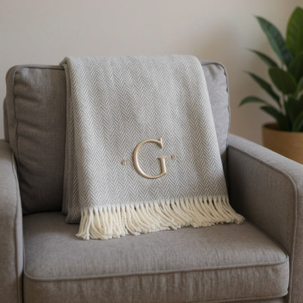 HomeRoots 55" Gray and White Herringbone Cotton Blend Throw Blanket with Personalized Initial and Tassels G 655530